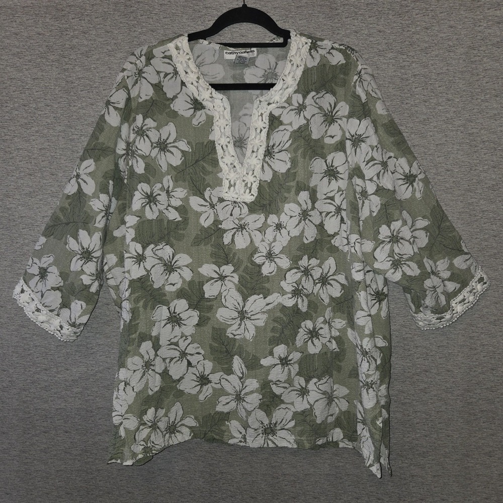 Cathy Daniels Lace Trim Blouse Womens 3X Top 3/4 Sleeve Green Floral Pullover